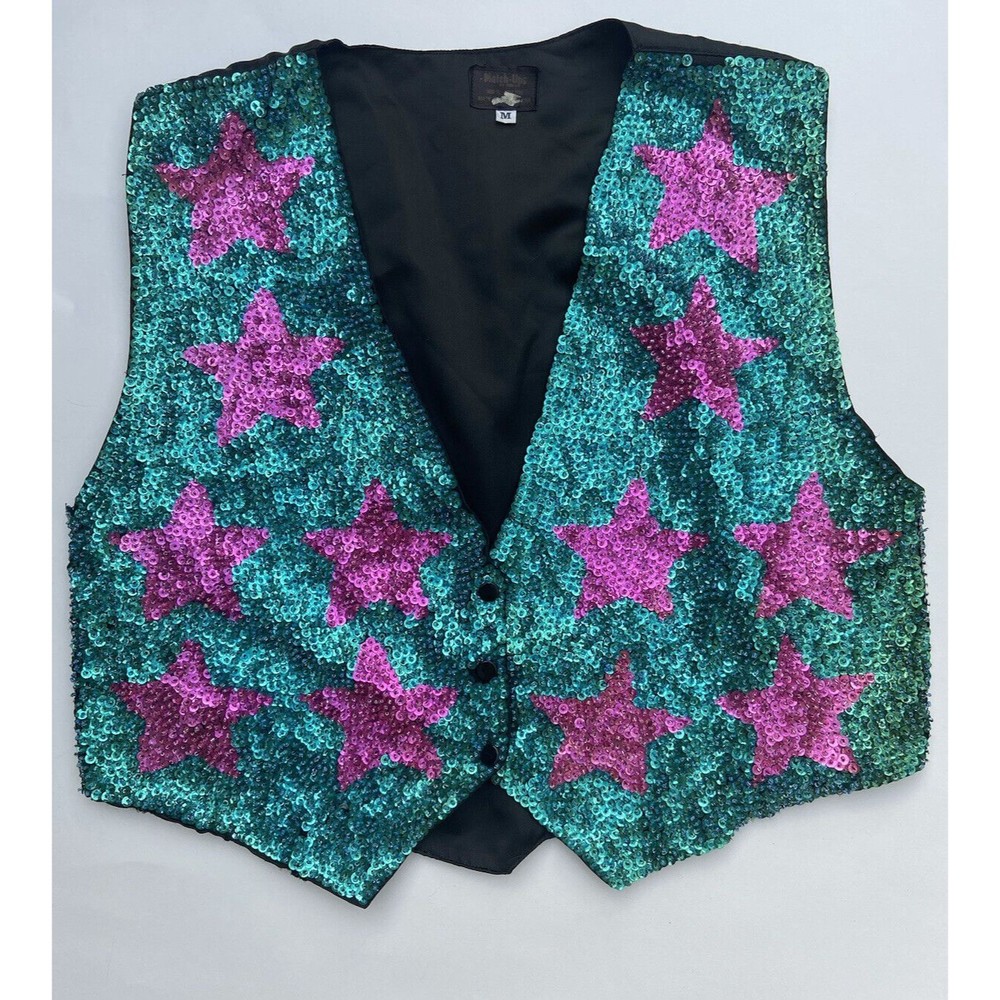 VTG Sequin Vest Costume Disco Cowgirl Western Glam Teal Hot Pink Stars 90s READ